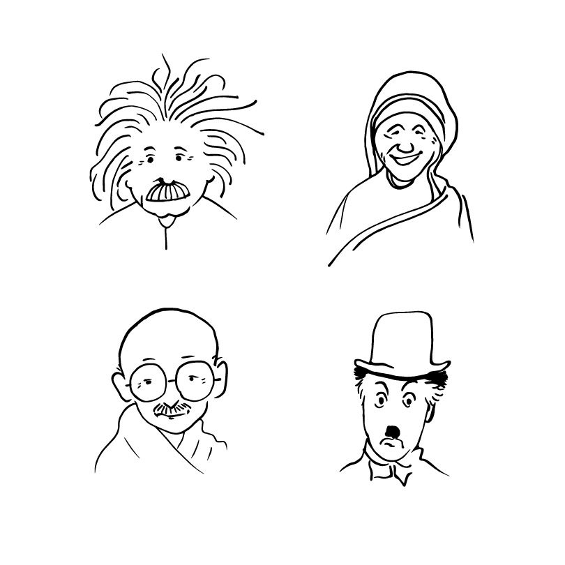 Free Cartoon Illustration Albert Einstein, Mahatma Gandhi, Mother Teresa,  Charlie Chaplin | Gogivo