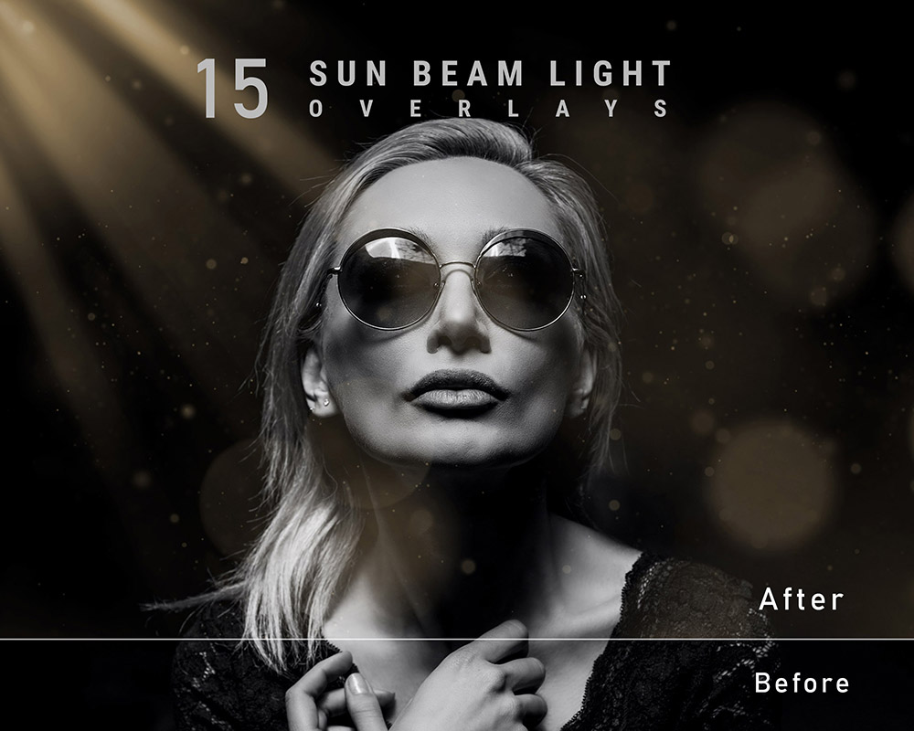 15 Sun Beam Light Overlays, Realistic light overlays, Smoke overlays, Photoshop action & Overlays. Photo background.