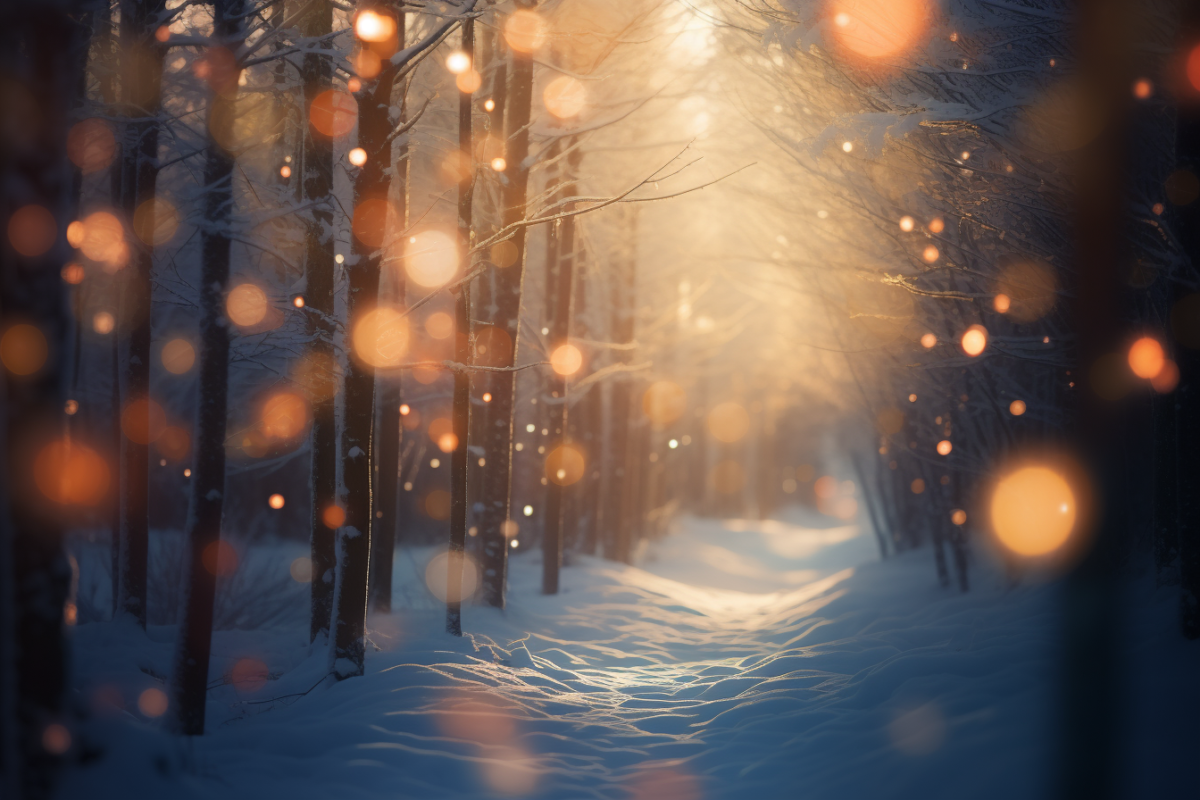 Snowy Forest Christmas Digital Backdrop with Winter Wonderland Bokeh