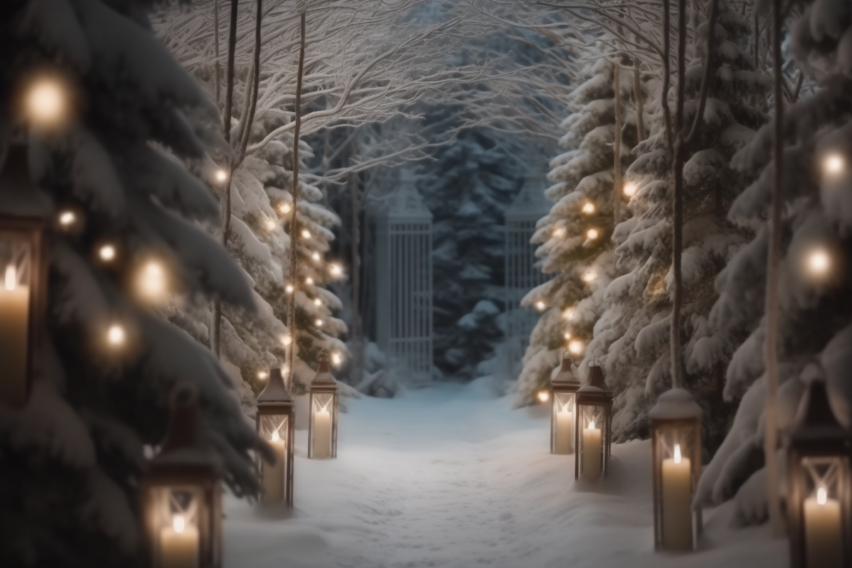 Snowy Forest Christmas Digital Backdrop with Winter Wonderland Bokeh