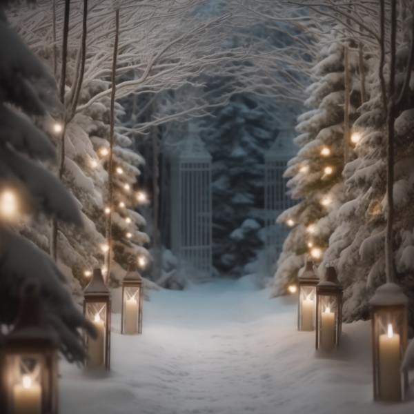 Snowy Forest Christmas Digital Backdrop with Winter Wonderland Bokeh