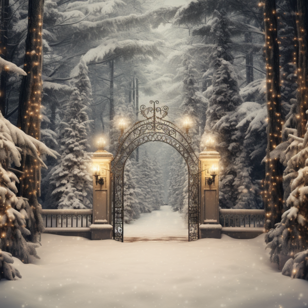 Snowy Forest Christmas Digital Backdrop with Winter Wonderland Bokeh