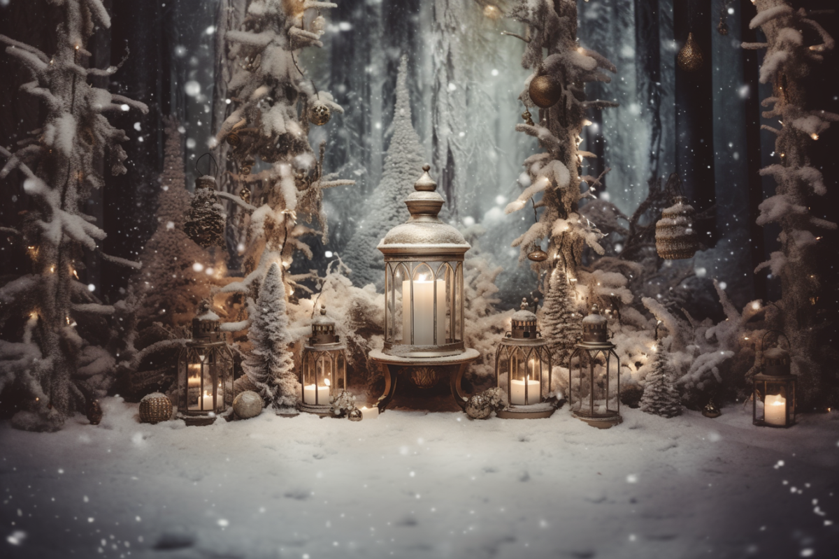 Snowy Forest Christmas Digital Backdrop with Winter Wonderland Bokeh