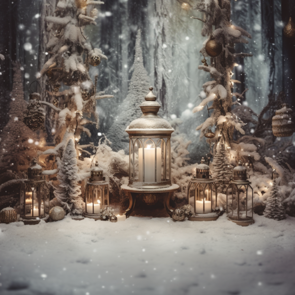 Snowy Forest Christmas Digital Backdrop with Winter Wonderland Bokeh