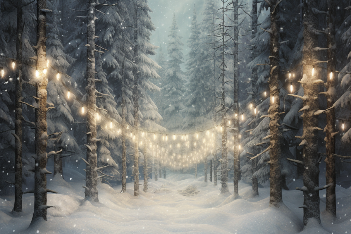 Snowy Forest Christmas Digital Backdrop with Winter Wonderland Bokeh