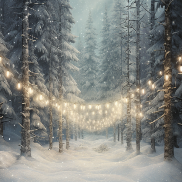 Snowy Forest Christmas Digital Backdrop with Winter Wonderland Bokeh