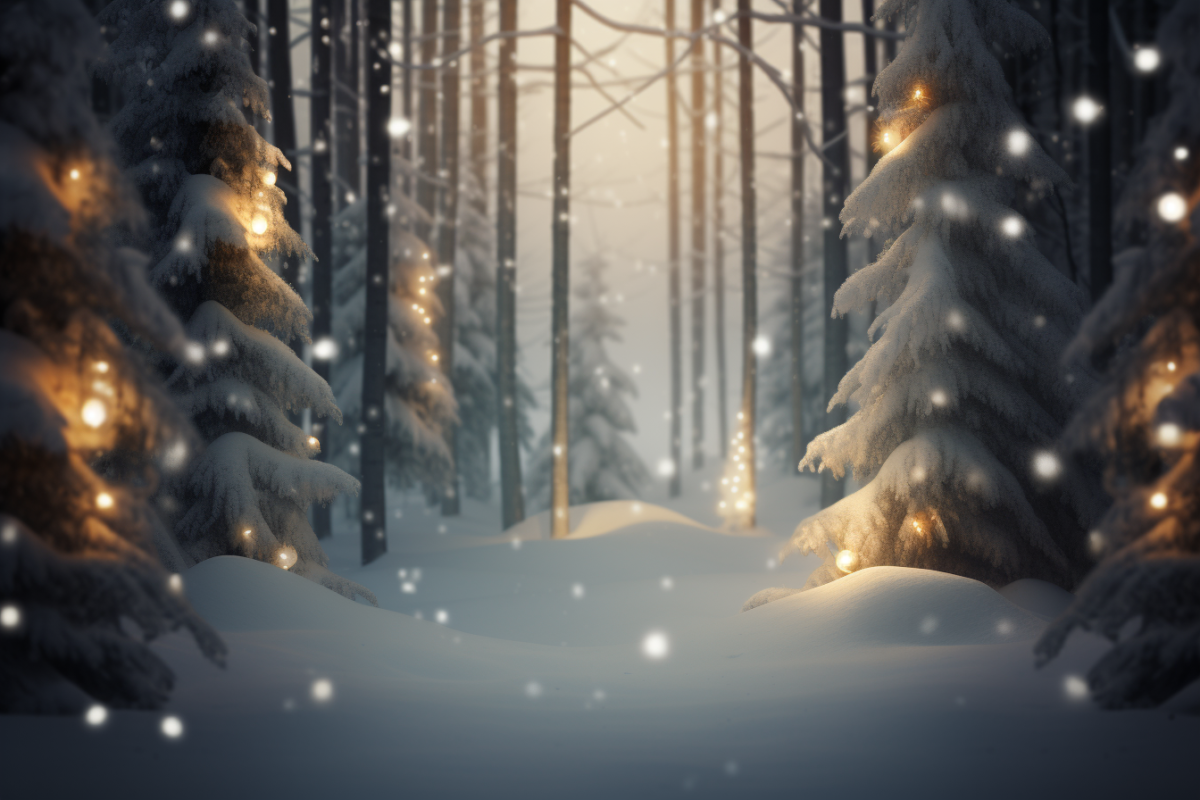 Snowy Forest Christmas Digital Backdrop with Winter Wonderland Bokeh