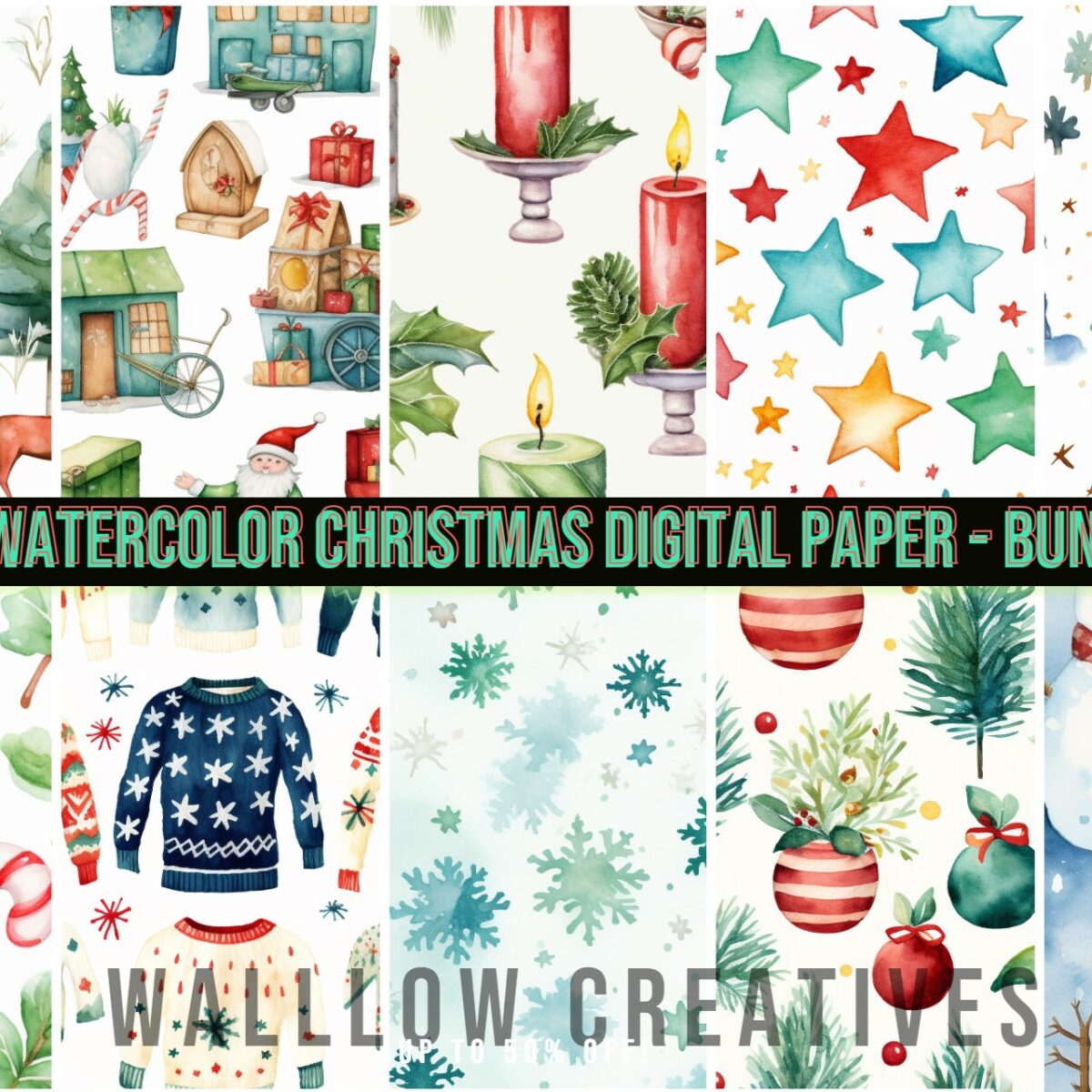 Christmas clipart, Christmas digital paper, Watercolor christmas clipart, Scrapbooking