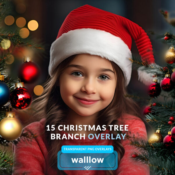 Digital Christmas tree branch overlay with festive decorations, including baubles, ornaments, and holiday accents in PNG format. Perfect for adding seasonal flair to photos and designs using Photoshop