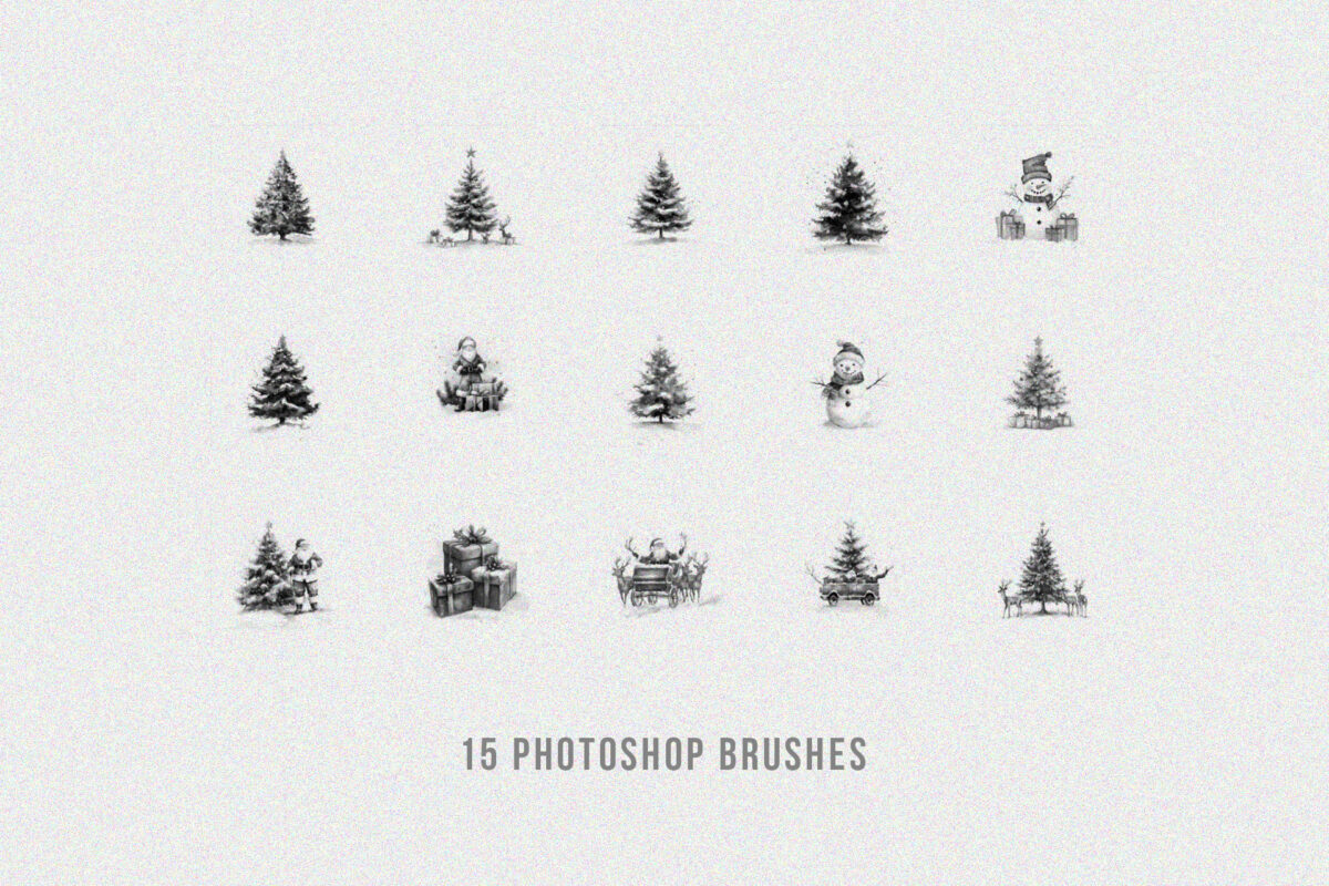 Christmas clipart Photoshop brushes featuring festive elements like Christmas trees, Santa, reindeer, and gifts for holiday-themed designs and creative projects.