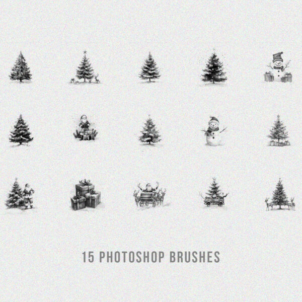 Christmas clipart Photoshop brushes featuring festive elements like Christmas trees, Santa, reindeer, and gifts for holiday-themed designs and creative projects.