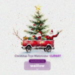 Watercolor Christmas tree clipart set featuring hand-painted Christmas trees, Santa, reindeer, gifts, and holiday decorations in PNG format for digital designs and DIY projects.