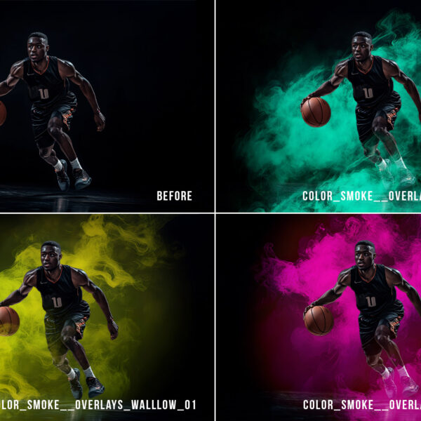 Transparent PNG smoke overlay set with colored smoke effects for Photoshop. Perfect for creating dynamic smoke backgrounds for sports photos, banners, custom posters, and dramatic visual effects.