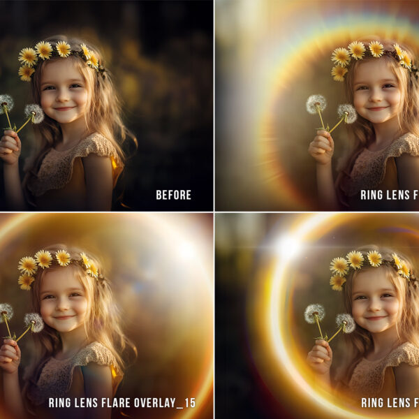 15 transparent PNG ring lens flare overlays for photo editing, photography, and digital art, light effects for enhancing images and creative projects