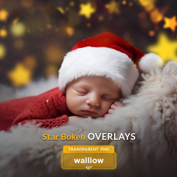 Golden star bokeh Christmas lights photo overlays creating a festive holiday glow, perfect for enhancing photos with warm, sparkling star-shaped light effects