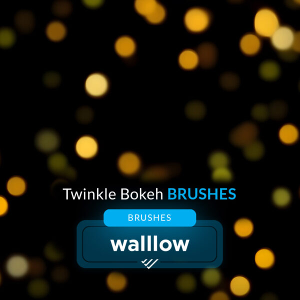 Twinkle bokeh light Photoshop brushes set featuring Christmas twinkle lights, golden glitter lights, and sparkling effects for photography editing.