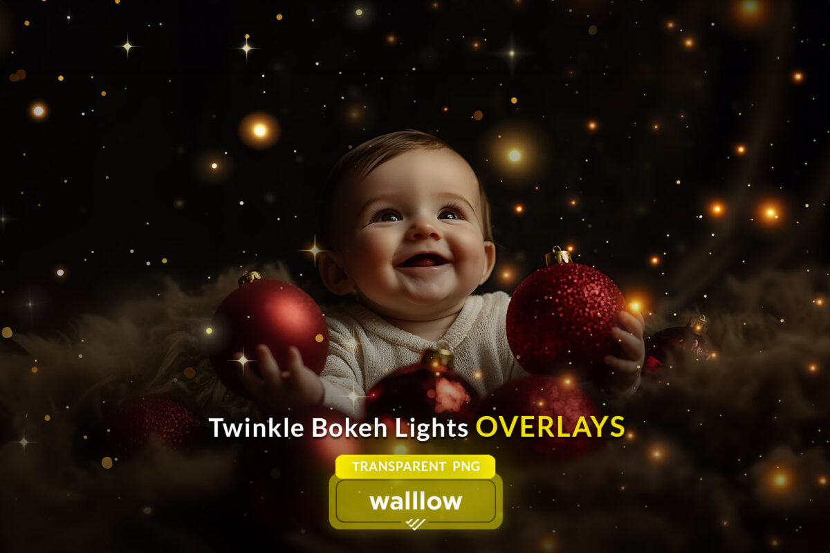 Twinkle overlays featuring bokeh lights, sparkle, and glitter effects. Transparent PNG overlays with gold light accents, perfect for enhancing photos with shimmering, festive elements.