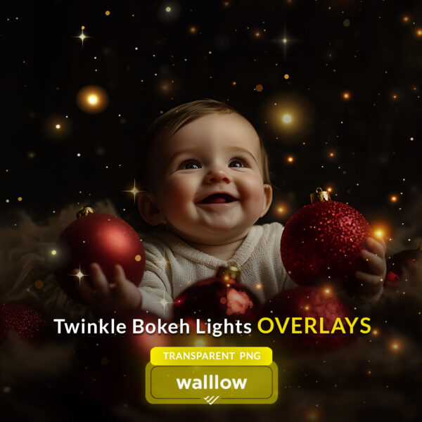 Twinkle overlays featuring bokeh lights, sparkle, and glitter effects. Transparent PNG overlays with gold light accents, perfect for enhancing photos with shimmering, festive elements.