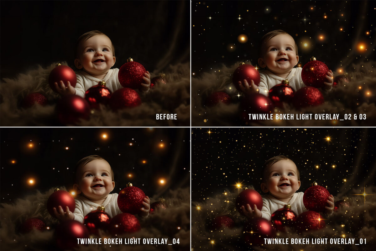 Twinkle overlays featuring bokeh lights, sparkle, and glitter effects. Transparent PNG overlays with gold light accents, perfect for enhancing photos with shimmering, festive elements.