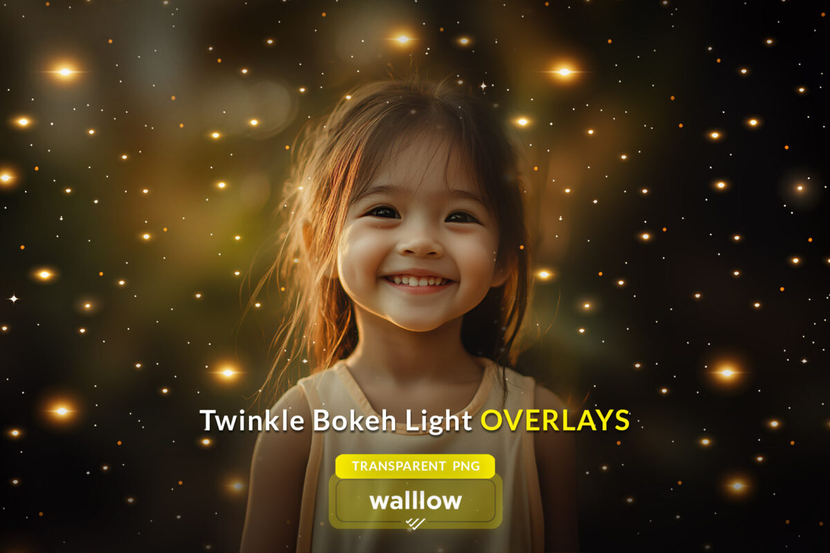 Twinkle overlays featuring bokeh lights, sparkle, and glitter effects. Transparent PNG overlays with gold light accents, perfect for enhancing photos with shimmering, festive elements.