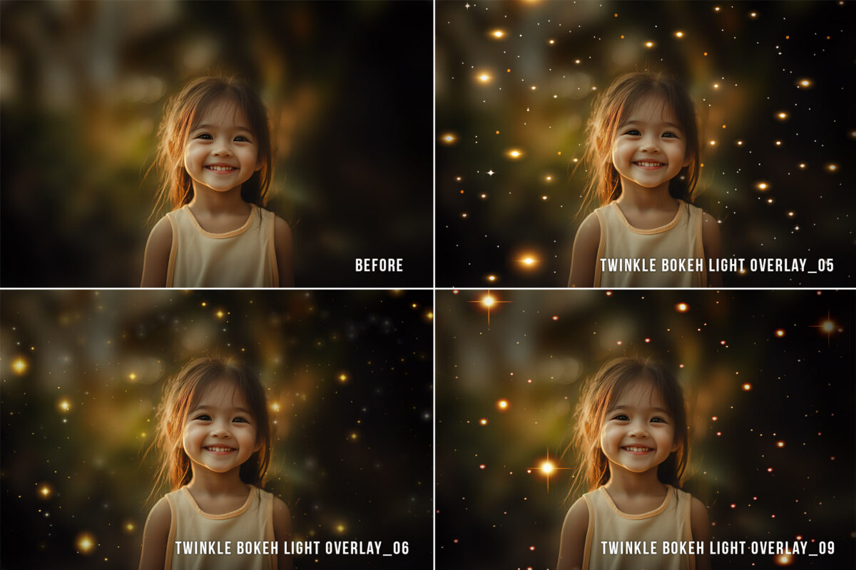 Twinkle overlays featuring bokeh lights, sparkle, and glitter effects. Transparent PNG overlays with gold light accents, perfect for enhancing photos with shimmering, festive elements.