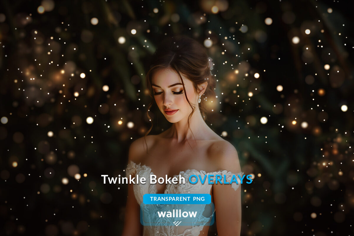 Twinkle bokeh lights photo overlay featuring gold and glittery sparkle effects, perfect for adding a magical glow to images. Ideal for photographers, designers, and digital creators to enhance photos with twinkle lights and glittering bokeh overlays.