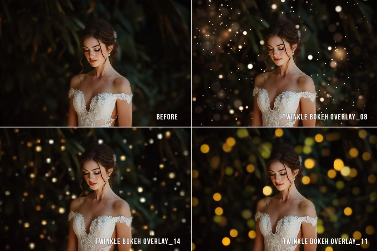 Twinkle bokeh lights photo overlay featuring gold and glittery sparkle effects, perfect for adding a magical glow to images. Ideal for photographers, designers, and digital creators to enhance photos with twinkle lights and glittering bokeh overlays.