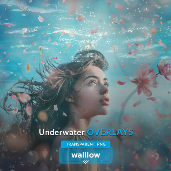 Underwater effect photo overlays with realistic bubbles and sea textures in transparent PNG format, perfect for creating blue water underwater scenes in Photoshop.