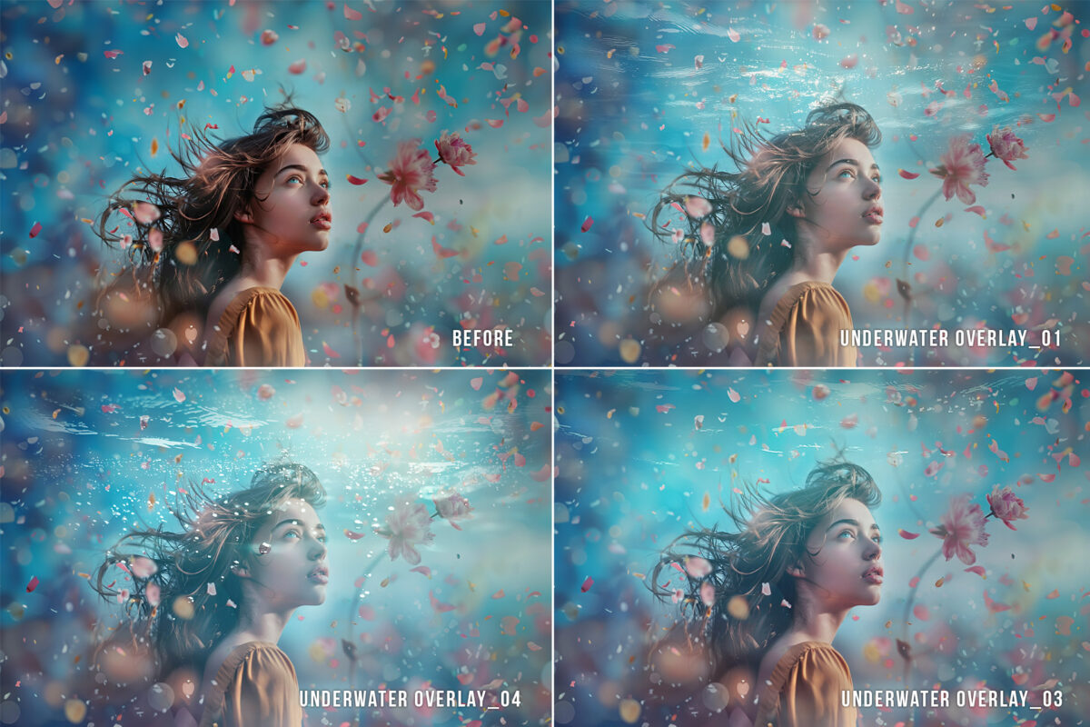 Underwater effect photo overlays with realistic bubbles and sea textures in transparent PNG format, perfect for creating blue water underwater scenes in Photoshop.