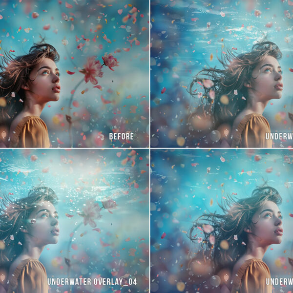 Underwater effect photo overlays with realistic bubbles and sea textures in transparent PNG format, perfect for creating blue water underwater scenes in Photoshop.