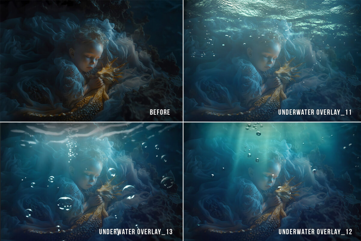 Underwater effect photo overlays with realistic bubbles and sea textures in transparent PNG format, perfect for creating blue water underwater scenes in Photoshop.