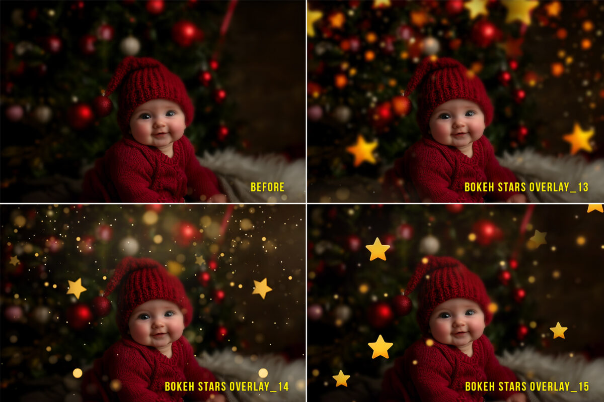 Gold Bokeh Stars Photo Overlays - Transparent PNG, Glitter Bokeh Star Photoshop Effect for Composite Photography and Christmas Bokeh Star Lights.