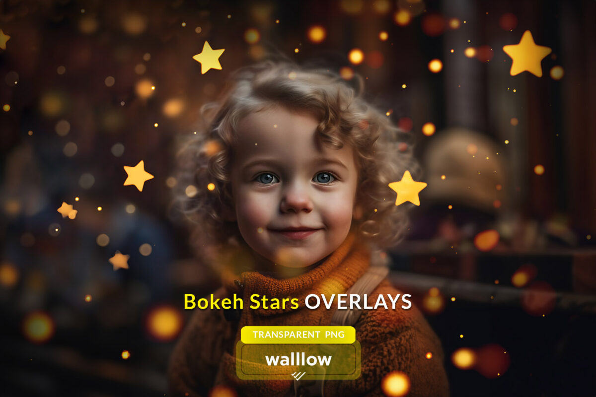 Gold Bokeh Stars Photo Overlays - Transparent PNG, Glitter Bokeh Star Photoshop Effect for Composite Photography and Christmas Bokeh Star Lights.