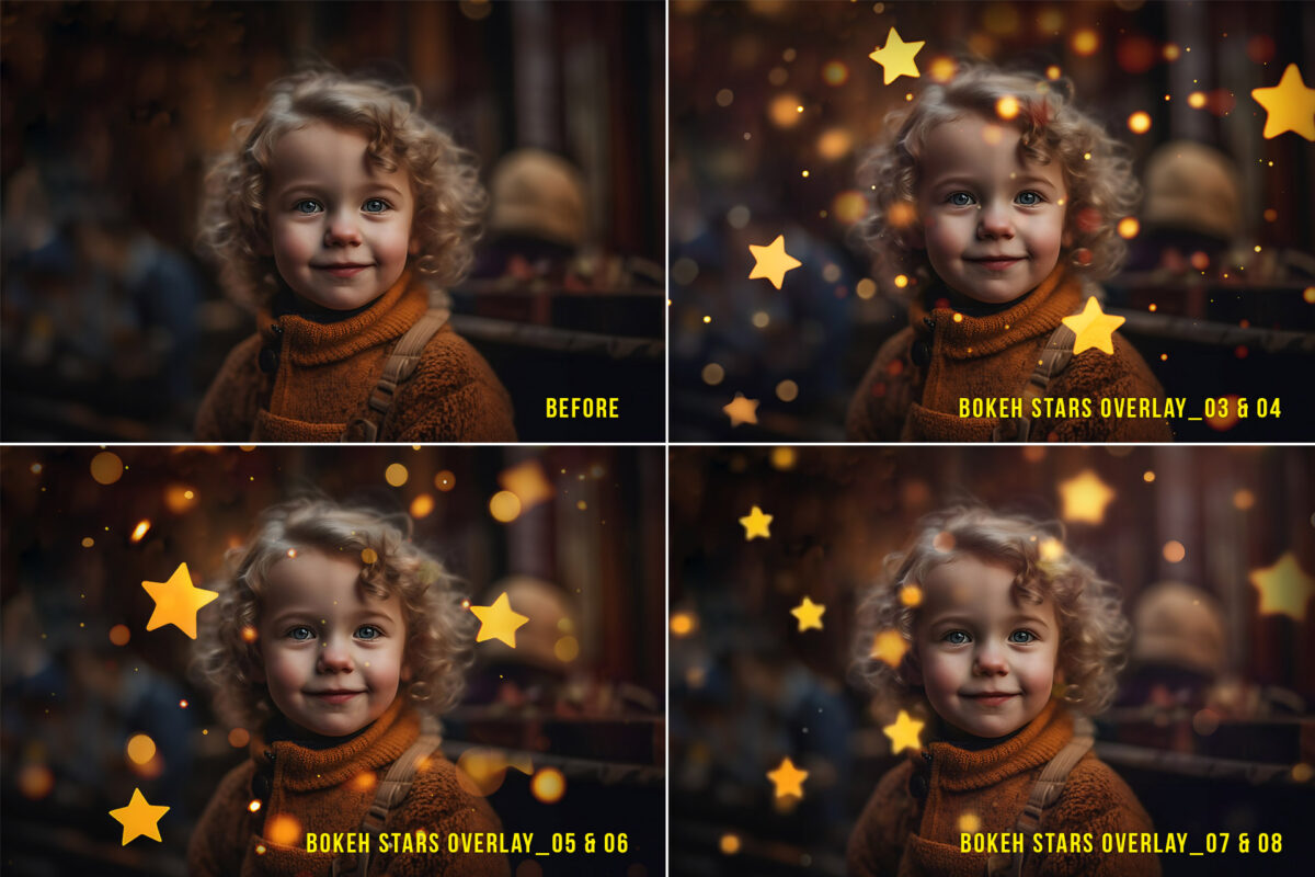 Gold Bokeh Stars Photo Overlays - Transparent PNG, Glitter Bokeh Star Photoshop Effect for Composite Photography and Christmas Bokeh Star Lights.