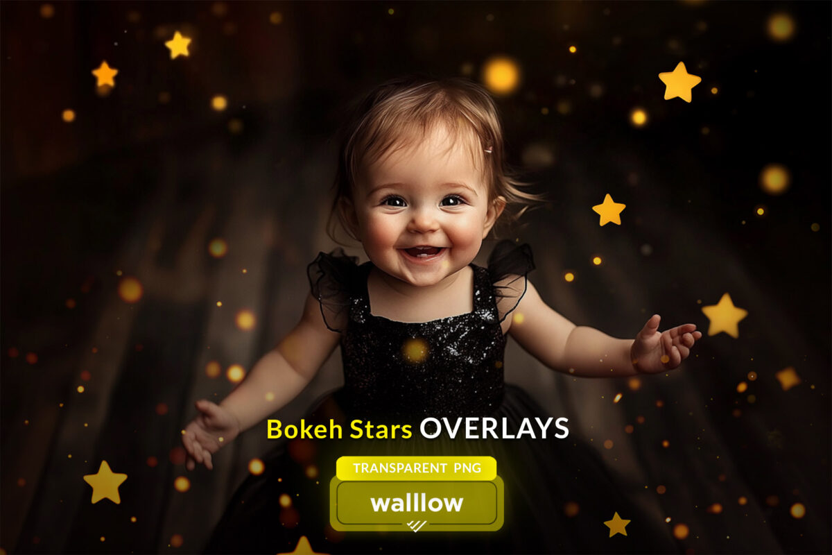 Gold Bokeh Stars Photo Overlays - Transparent PNG, Glitter Bokeh Star Photoshop Effect for Composite Photography and Christmas Bokeh Star Lights.