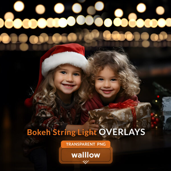 Transparent PNG Bokeh String Lights Overlays, twinkle fairy lights, gold Christmas bokeh lights, Photoshop overlays for photo editing.