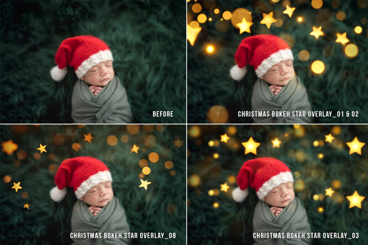 15 Christmas star bokeh overlays in transparent PNG format, featuring twinkle star bokeh, sparkle, glitter, and festive holiday lights for photo enhancement.