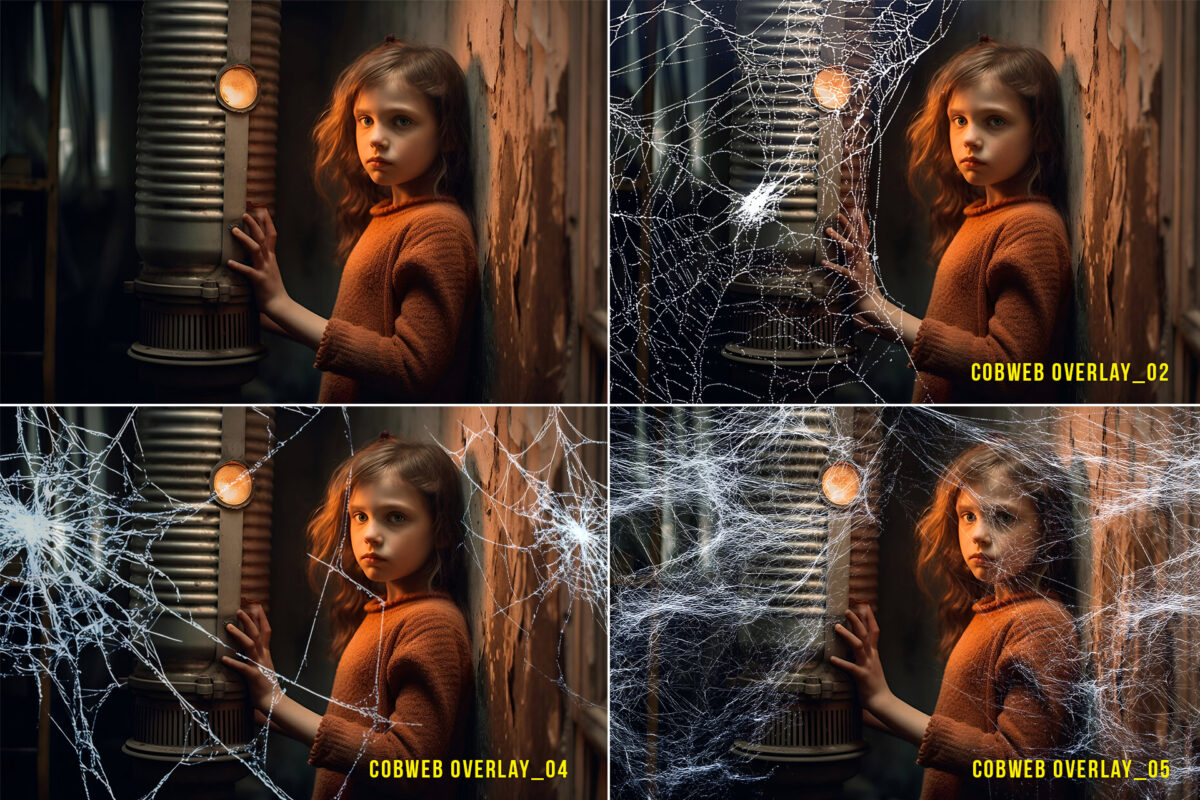 Realistic cobweb transparent PNG overlays for Halloween-themed photo edits and spooky designs, featuring spider web effects.