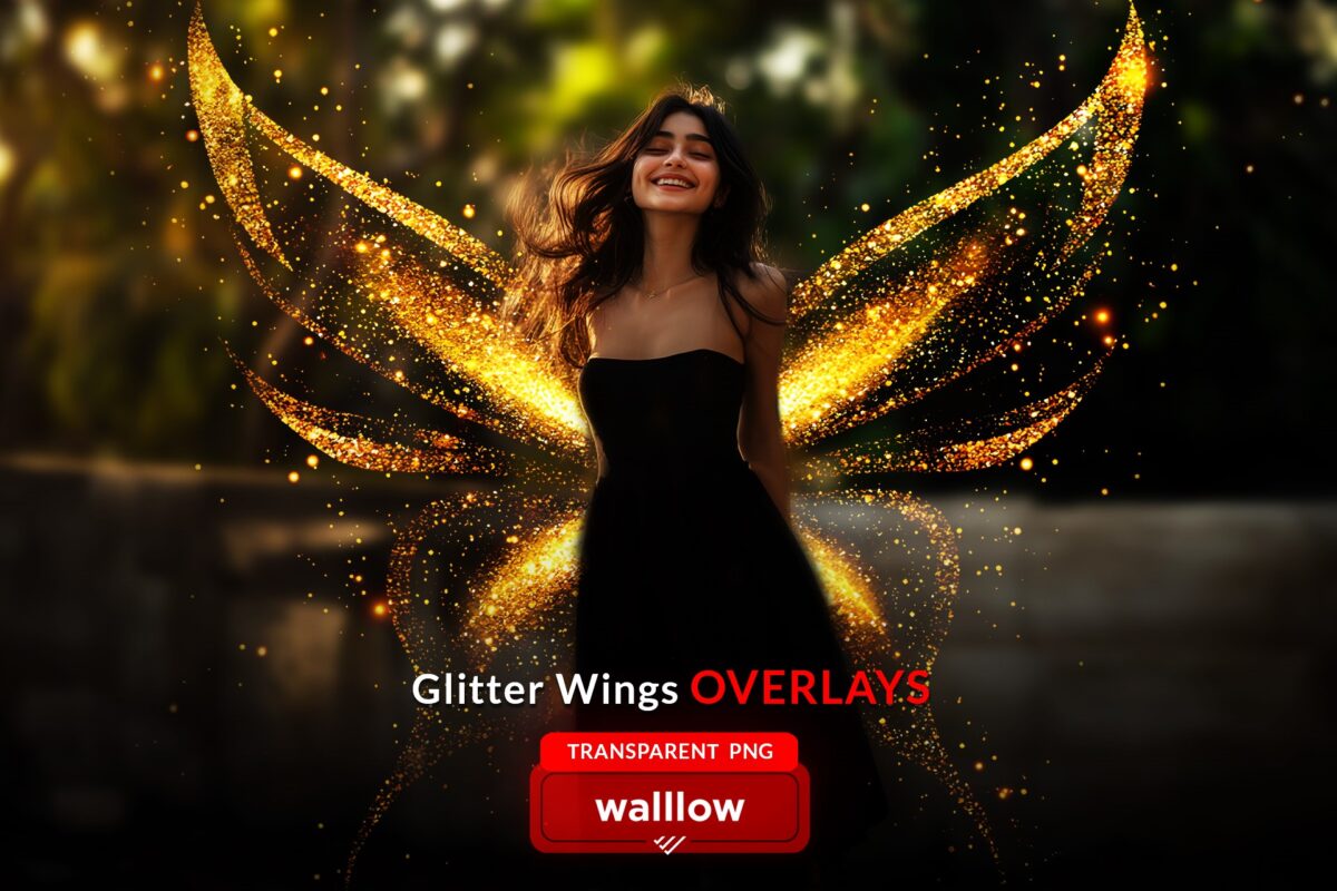 Gold glitter wings PNG overlays with transparent background, ideal for adding sparkle fairy wings effects to photos and digital designs.