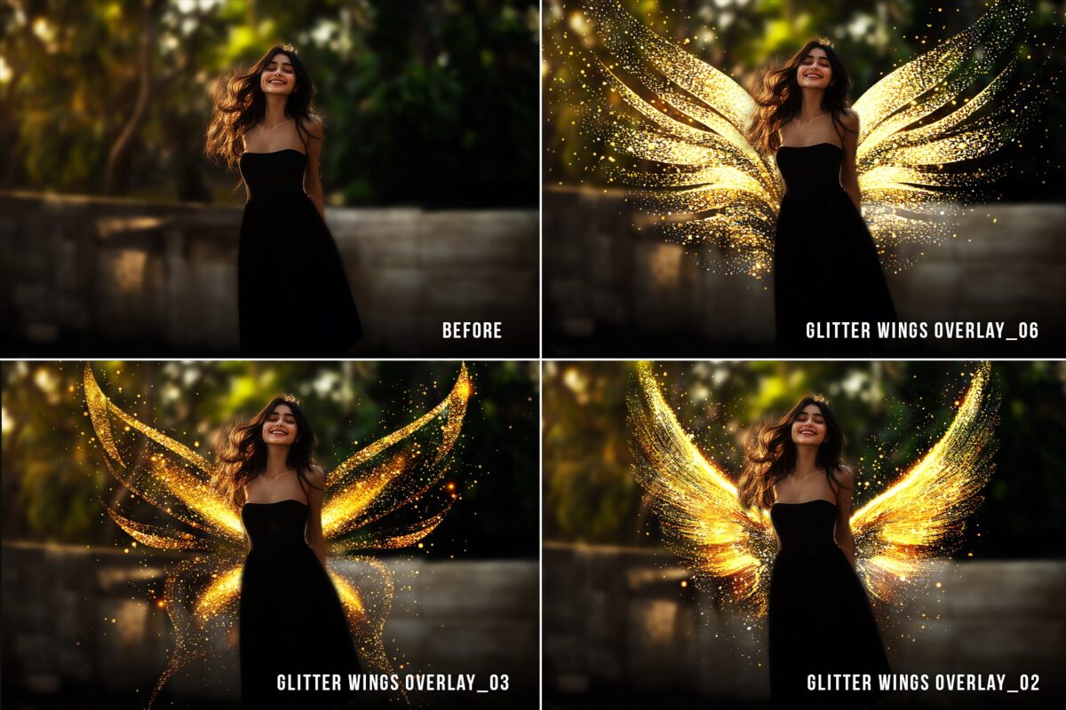 Gold glitter wings PNG overlays with transparent background, ideal for adding sparkle fairy wings effects to photos and digital designs.