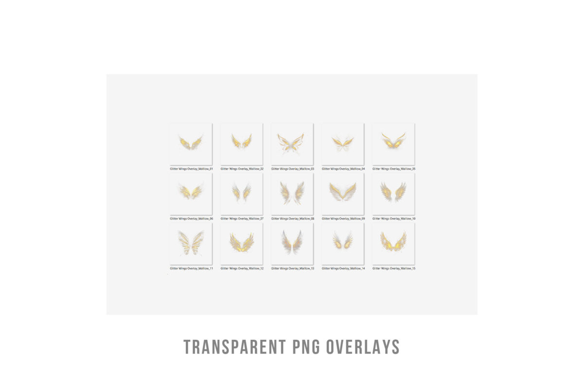 Gold glitter wings PNG overlays with transparent background, ideal for adding sparkle fairy wings effects to photos and digital designs.