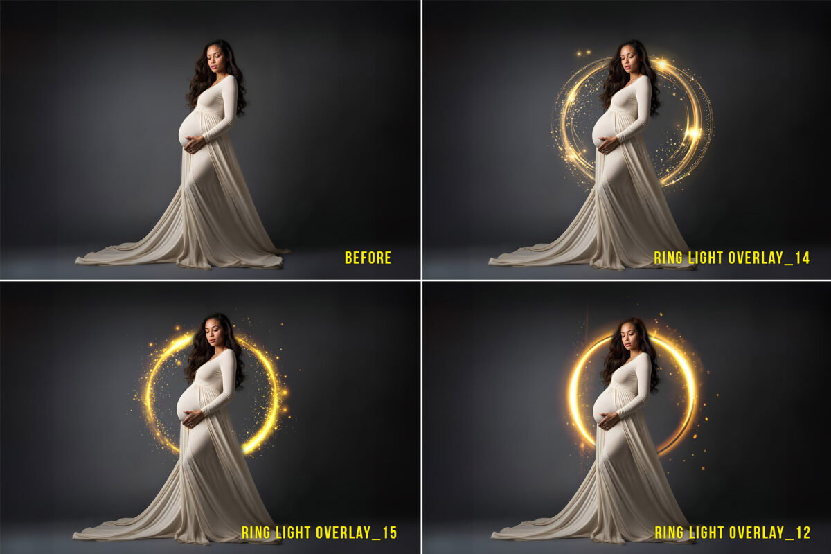 Gold ring light transparent PNG photo overlays for adding bokeh effects, maternity circle rings, and shine effects in Photoshop, perfect for holiday lights and portrait enhancements.