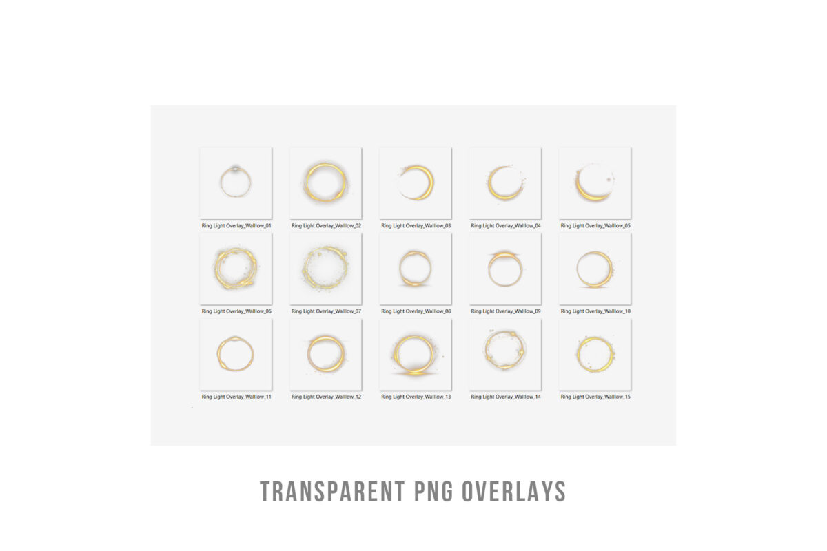 Gold ring light transparent PNG photo overlays for adding bokeh effects, maternity circle rings, and shine effects in Photoshop, perfect for holiday lights and portrait enhancements.