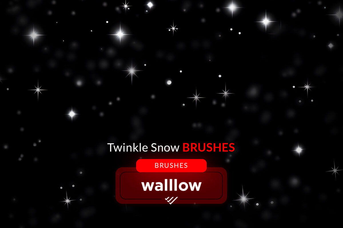 Twinkle Snow Photoshop brushes set featuring sparkle falling snow, glowing winter snow effects, and Christmas snow filter for digital photo edits and overlays.