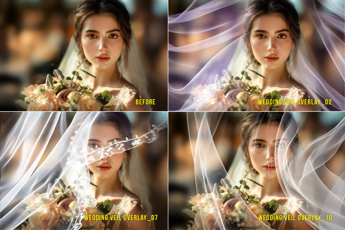 Transparent wedding veil overlay for Photoshop, featuring soft, romantic bridal veils perfect for enhancing wedding photos and creating dreamy effects in digital photo editing.