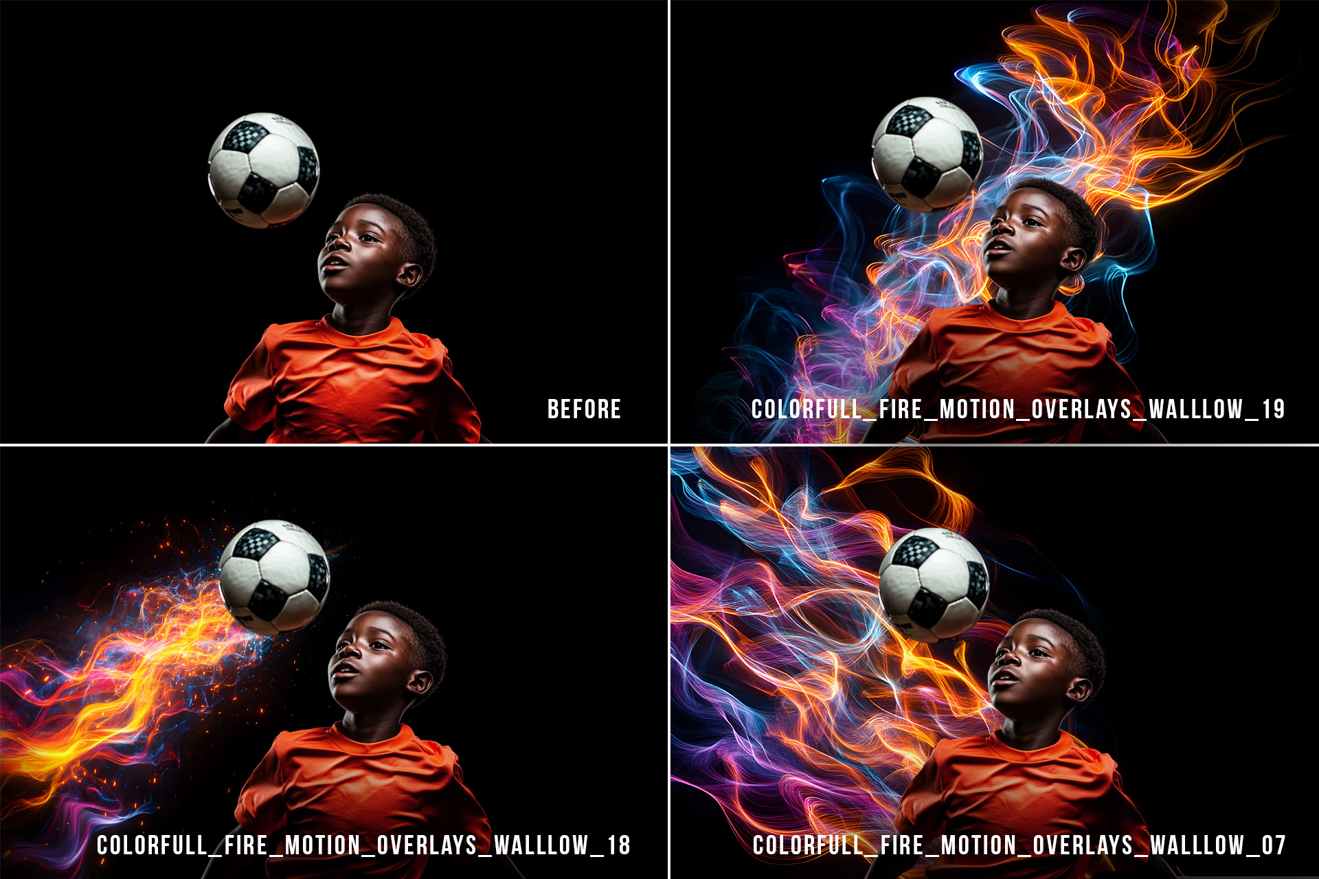 Abstract colorful fire and neon flame motion overlay on black background for digital art and photo editing