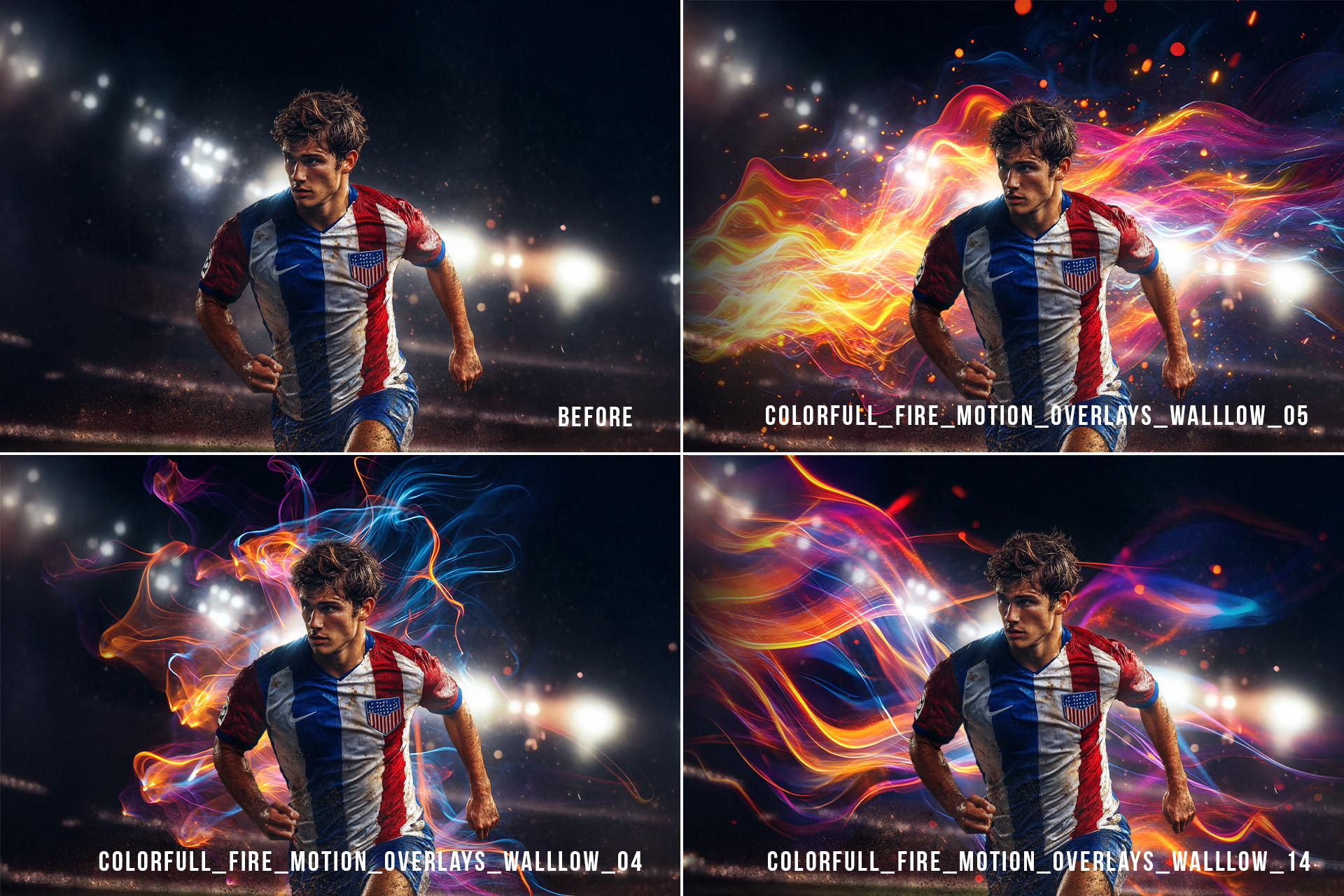 Abstract colorful fire and neon flame motion overlay on black background for digital art and photo editing