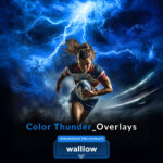 Colorful thunder lightning PNG overlay with transparent background for Photoshop, perfect for dramatic sports and fantasy-themed photo edits
